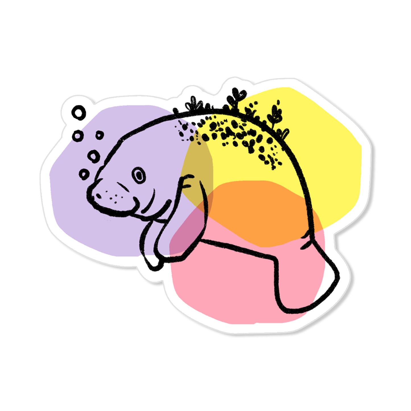 Manatee dots sticker with gentle manatee, bubbles, and colorful circles, hand-drawn sea creature illustration