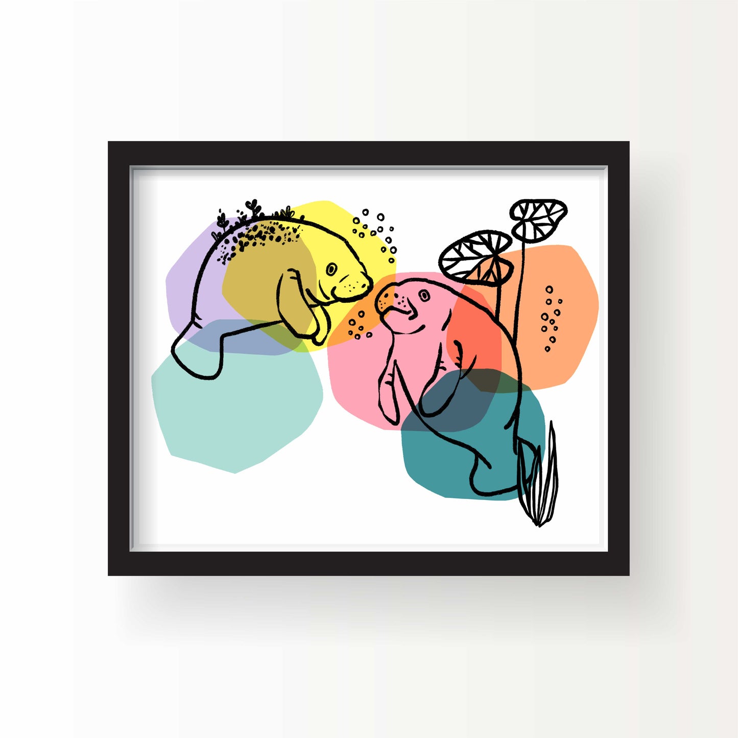 Illustration of two manatees outlined in black floating in overlapping soft pastel shapes, in a landscape format on white background.