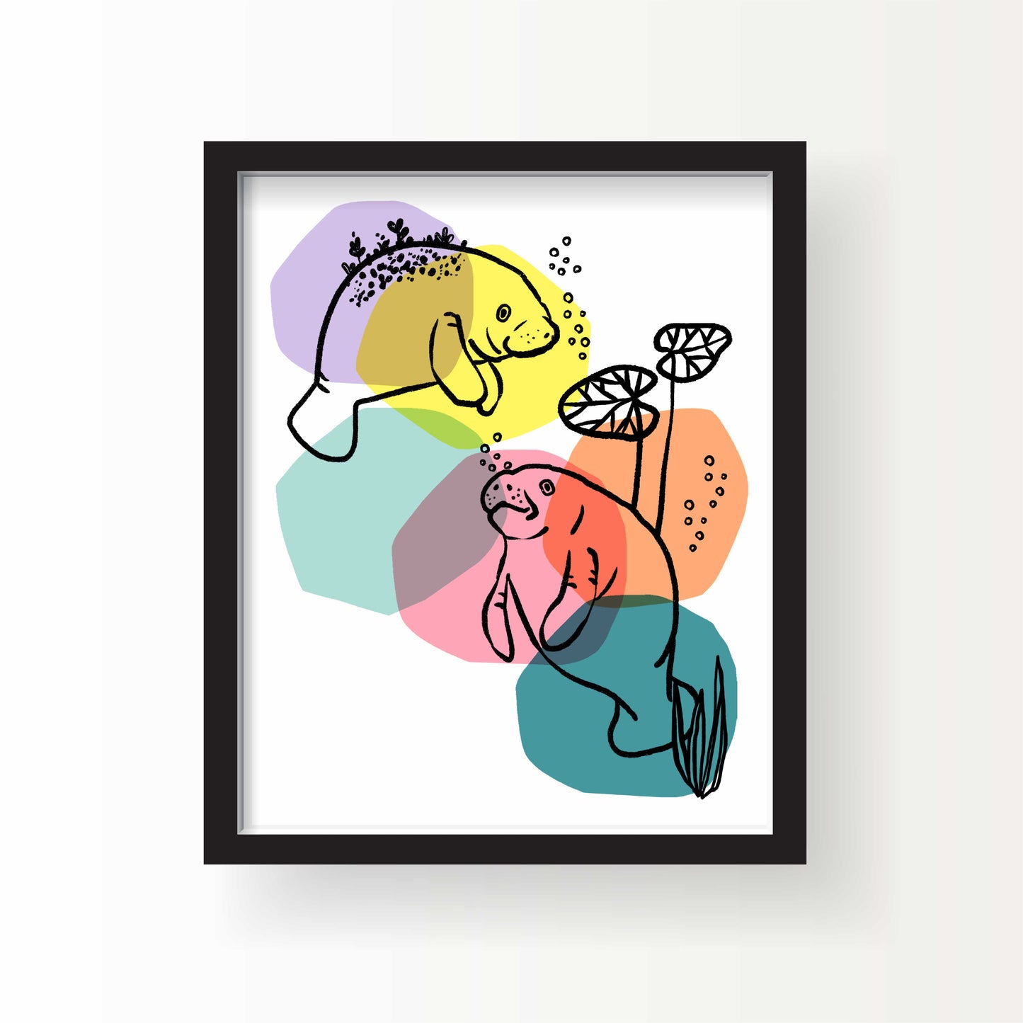 Illustration of two manatees outlined in black with overlapping pastel color shapes, bubbles, and lily pads in a soft underwater scene on a white background.