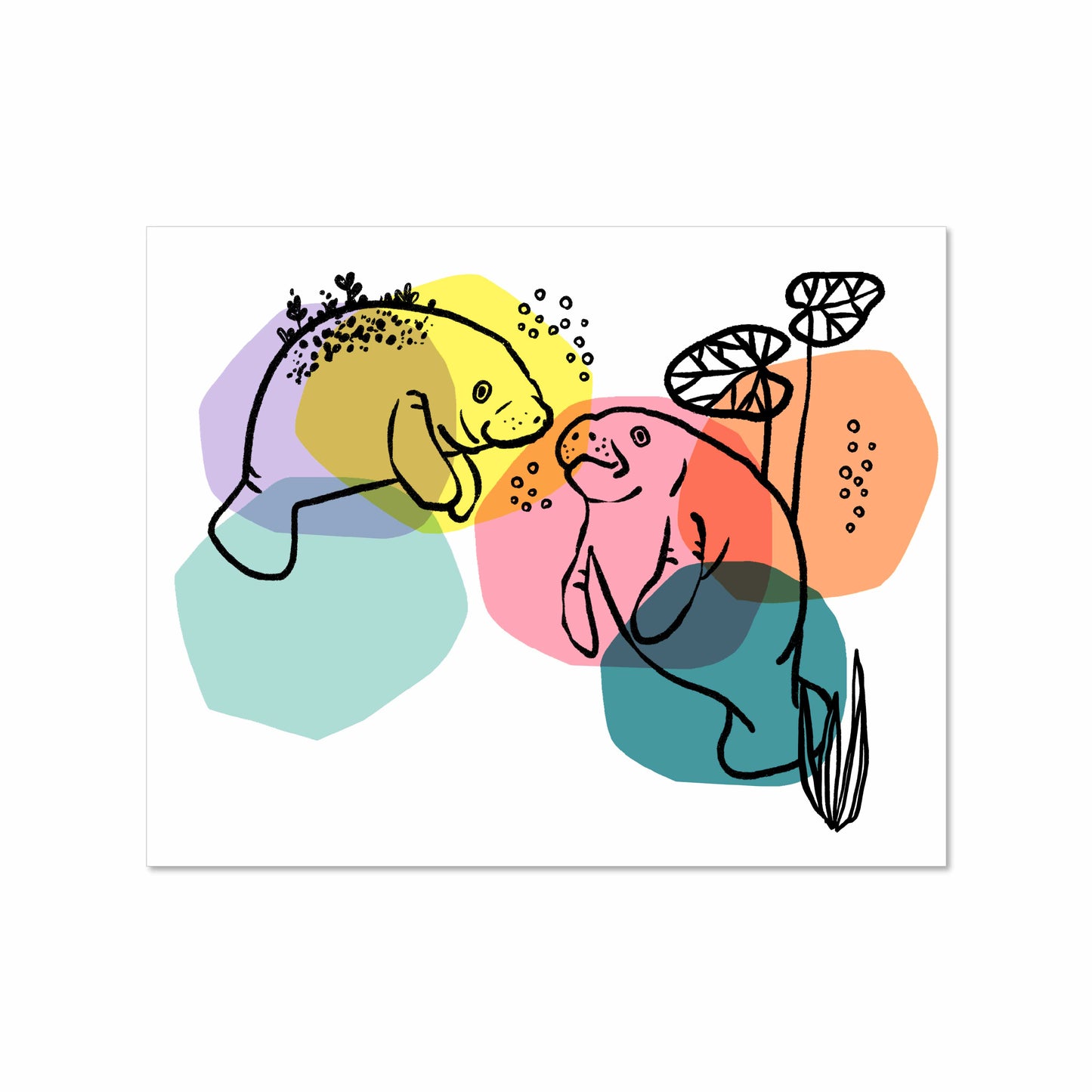 Illustration of two manatees outlined in black floating in overlapping soft pastel shapes, in a landscape format on white background.
