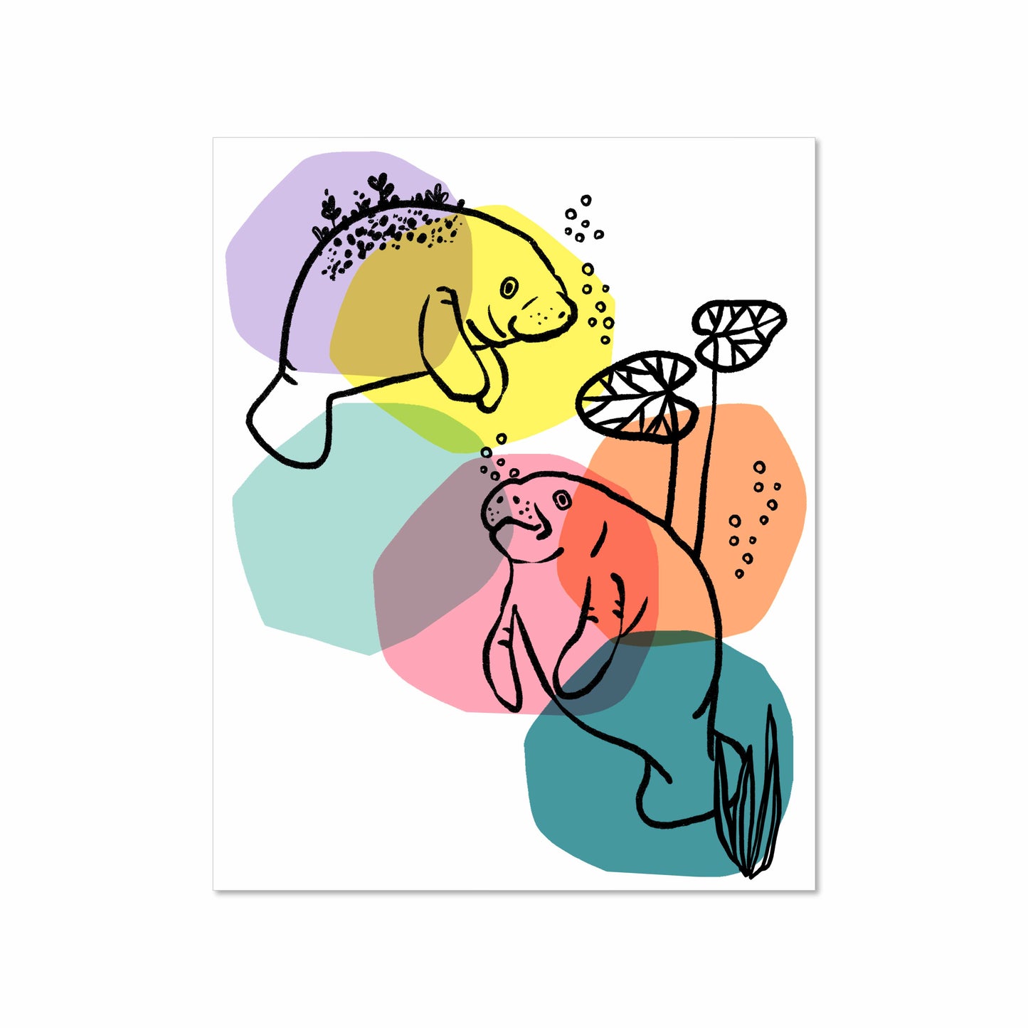 Illustration of two manatees outlined in black with overlapping pastel color shapes, bubbles, and lily pads in a soft underwater scene on a white background.