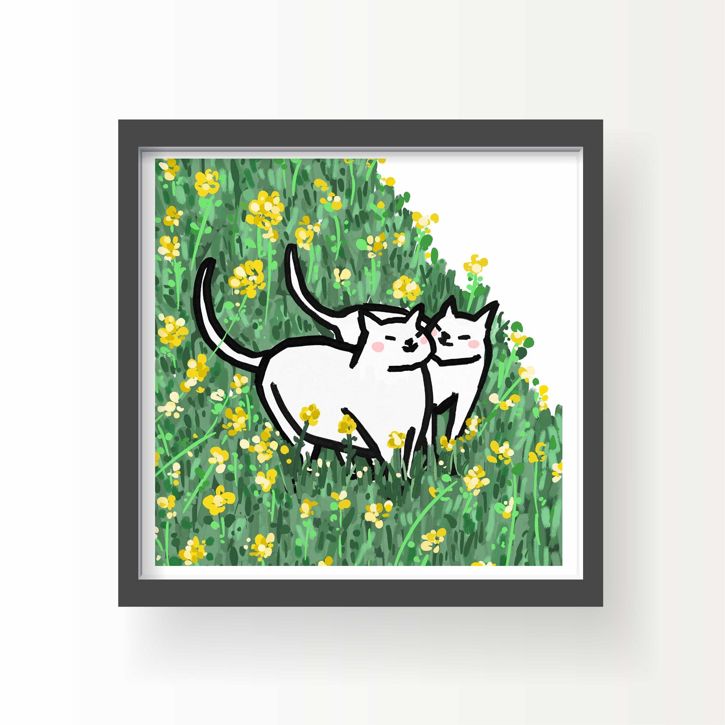 Illustrated art print of two white cats walking together through a hillside covered in yellow wildflowers, 8x8 by Miss Johnny Squirrel