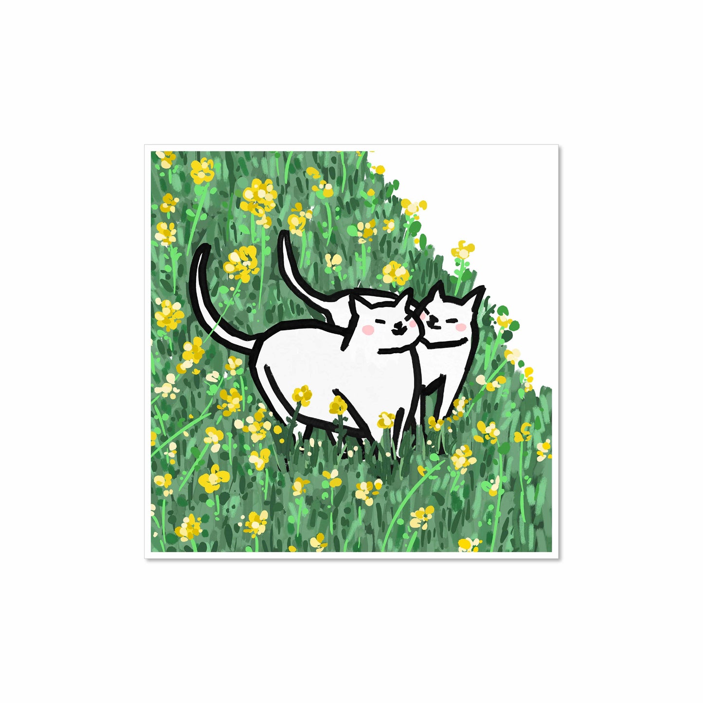 Illustrated art print of two white cats walking together through a hillside covered in yellow wildflowers, 8x8 by Miss Johnny Squirrel
