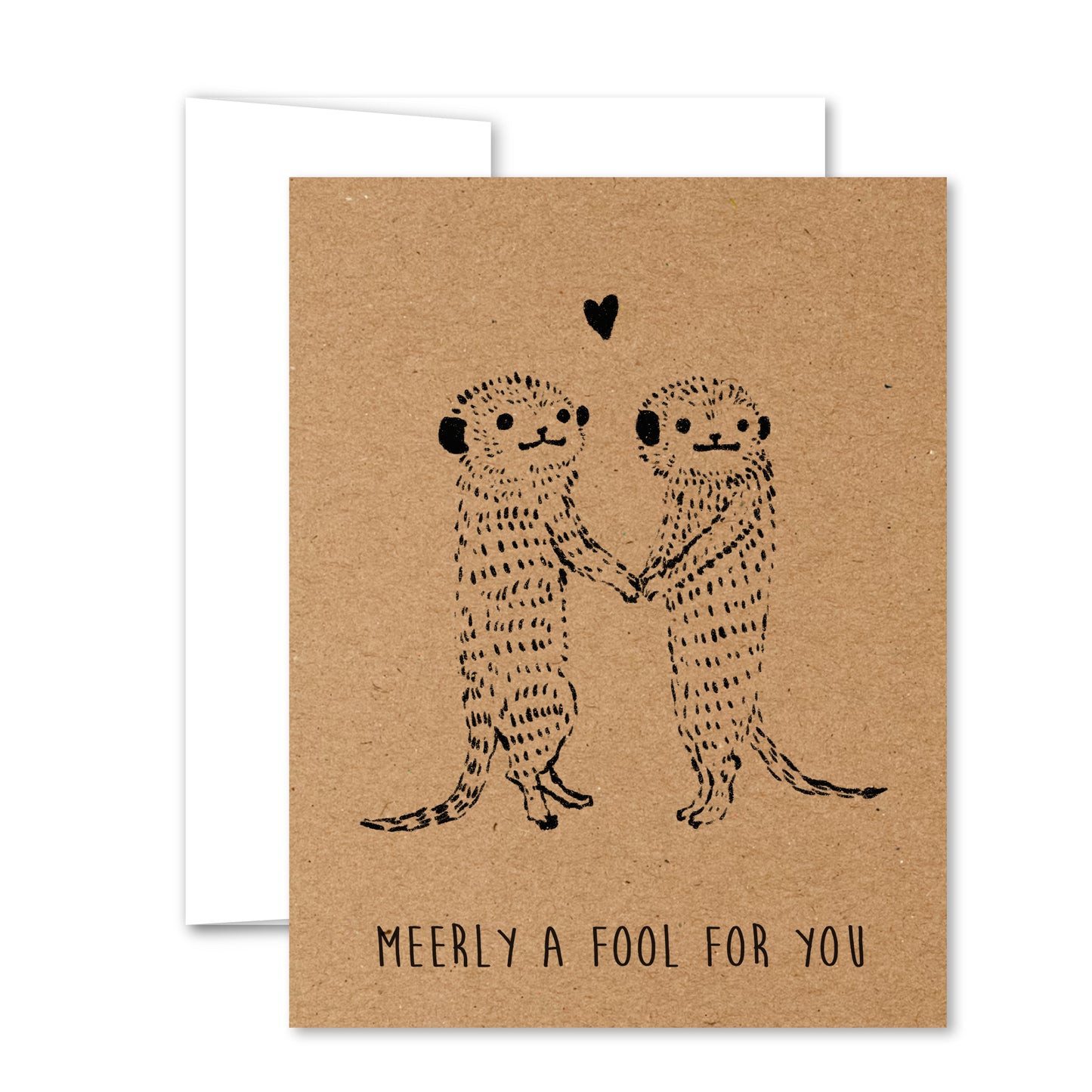 Greeting card with two hand-drawn meerkats holding paws under a heart, black line art on kraft background—perfect for love or friendship.