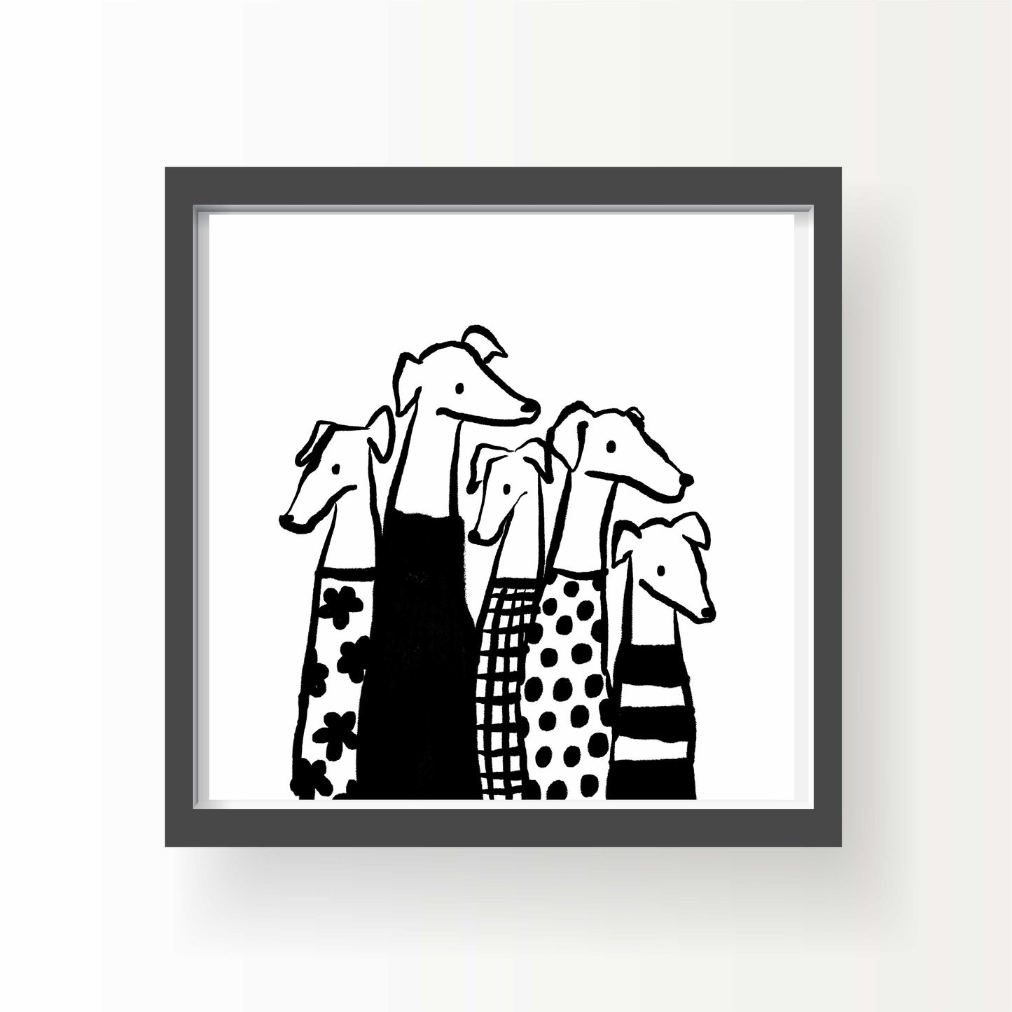 Black and white illustration of five greyhound-style dogs in patterned sweaters, 8x8 art print by Miss Johnny Squirrel