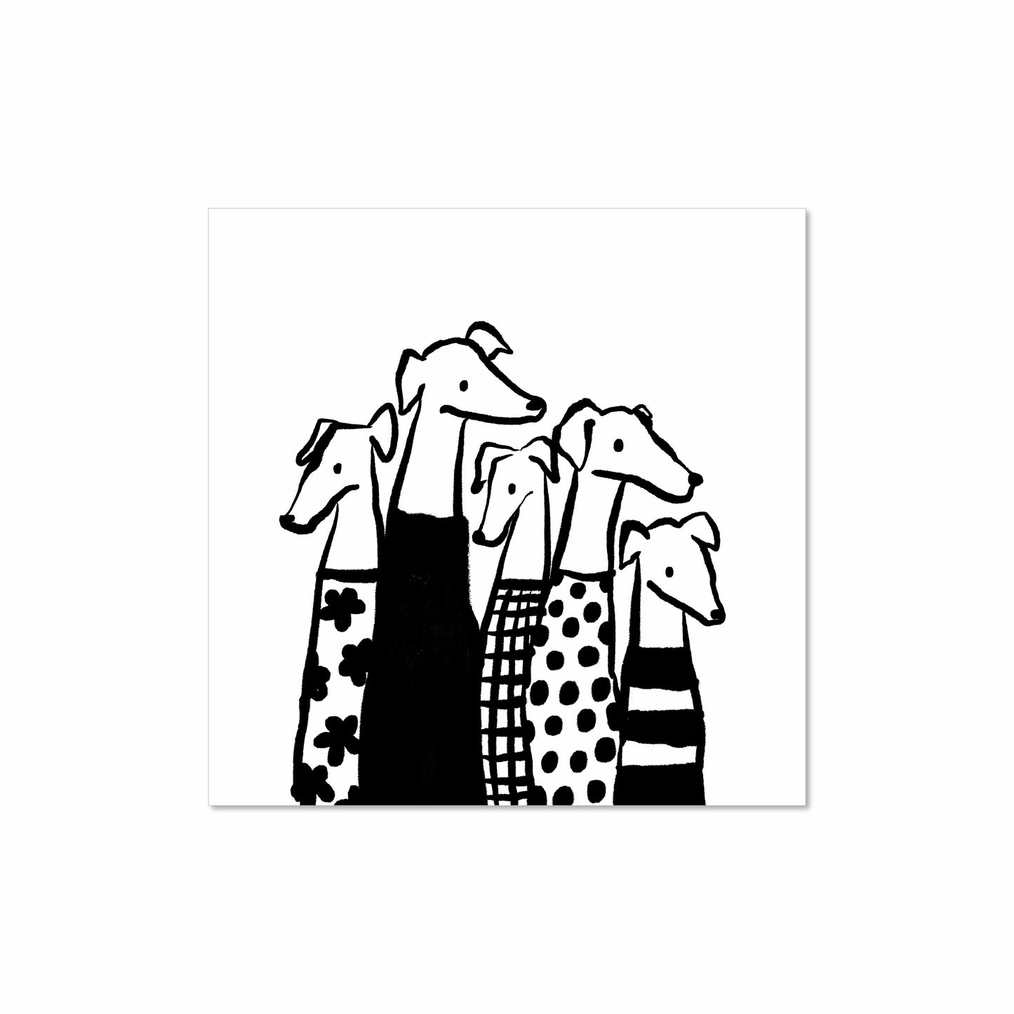 Black and white illustration of five greyhound-style dogs in patterned sweaters, 8x8 art print by Miss Johnny Squirrel