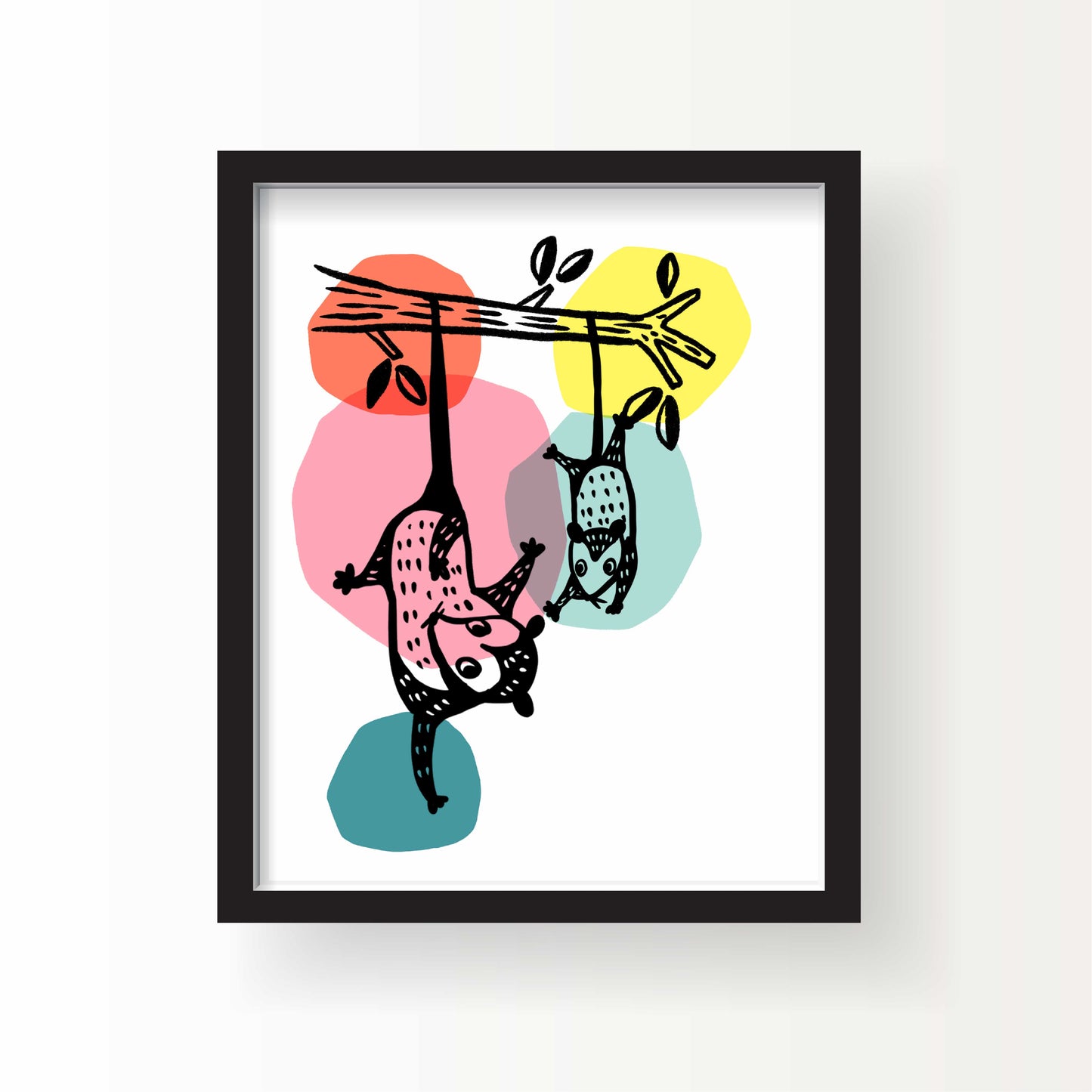 Illustration of two opossums hanging upside down from a tree branch, drawn in black ink over soft pastel-colored dots on a white background.