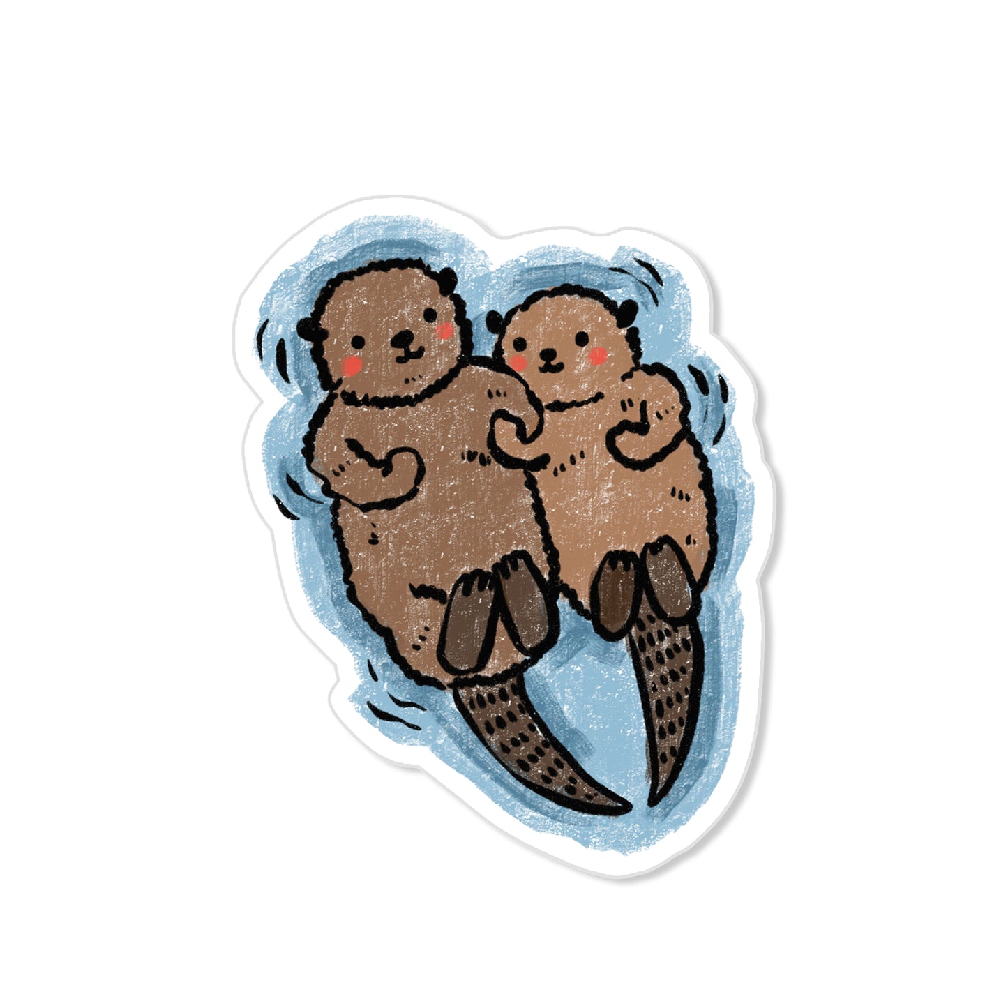 Otters sticker with two otters floating hand in hand on water, hand-drawn gentle illustration