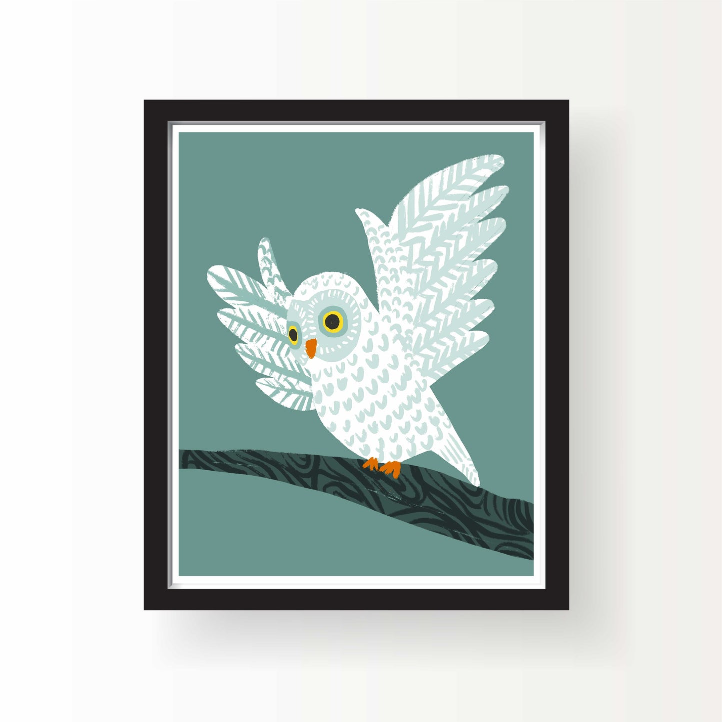 Illustration of a white owl with patterned wings perched on a dark branch against a muted blue-green background, 8x10 art print by Miss Johnny Squirrel