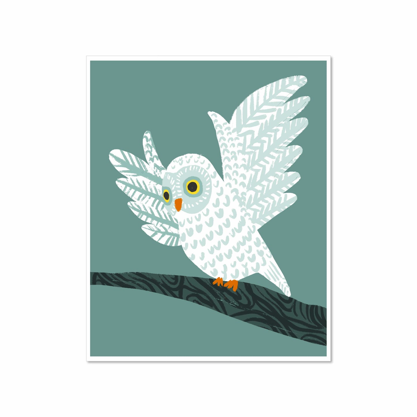 Illustration of a white owl with patterned wings perched on a dark branch against a muted blue-green background, 8x10 art print by Miss Johnny Squirrel