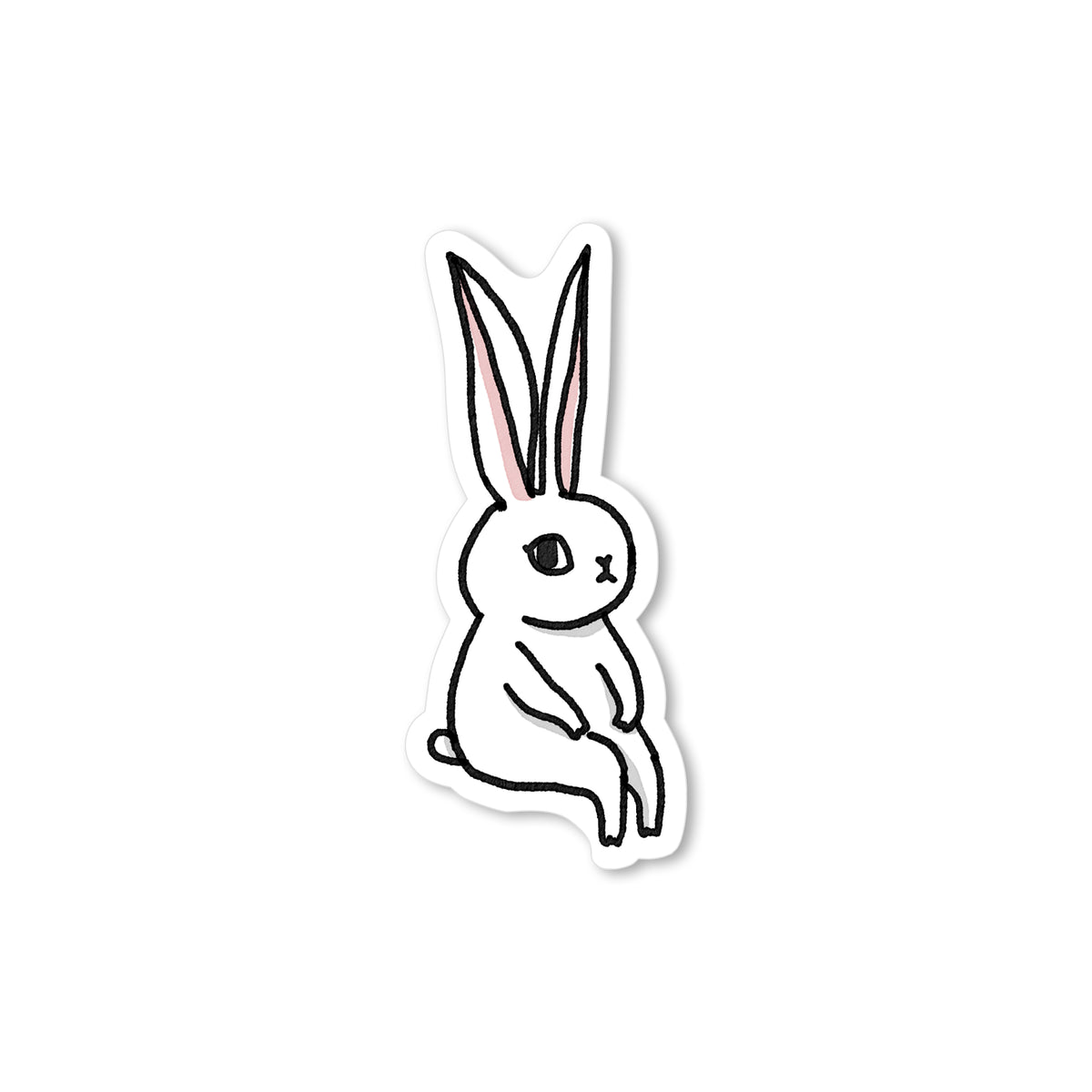 Hand-drawn white bunny sitting with long upright pink ears and feet stretched forward in a sweet minimalist illustration.