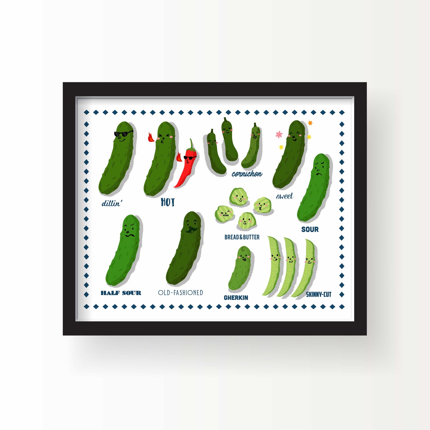 Illustrated art print of various cartoon-style pickles with labeled expressions and names like “sweet,” “half sour,” “gherkin,” 8x10 print by Miss Johnny Squirrel
