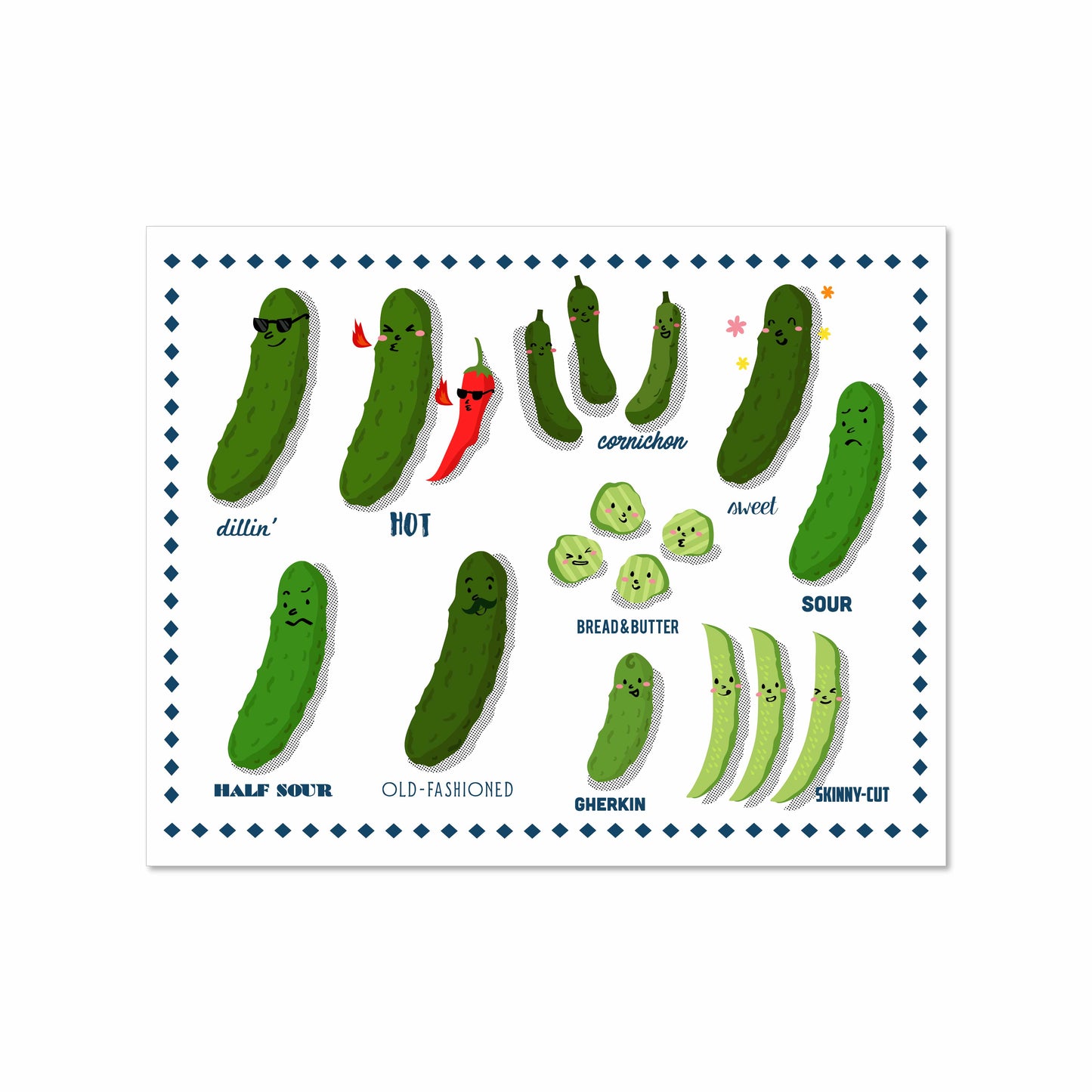 Illustrated art print of various cartoon-style pickles with labeled expressions and names like “sweet,” “half sour,” “gherkin,” 8x10 print by Miss Johnny Squirrel