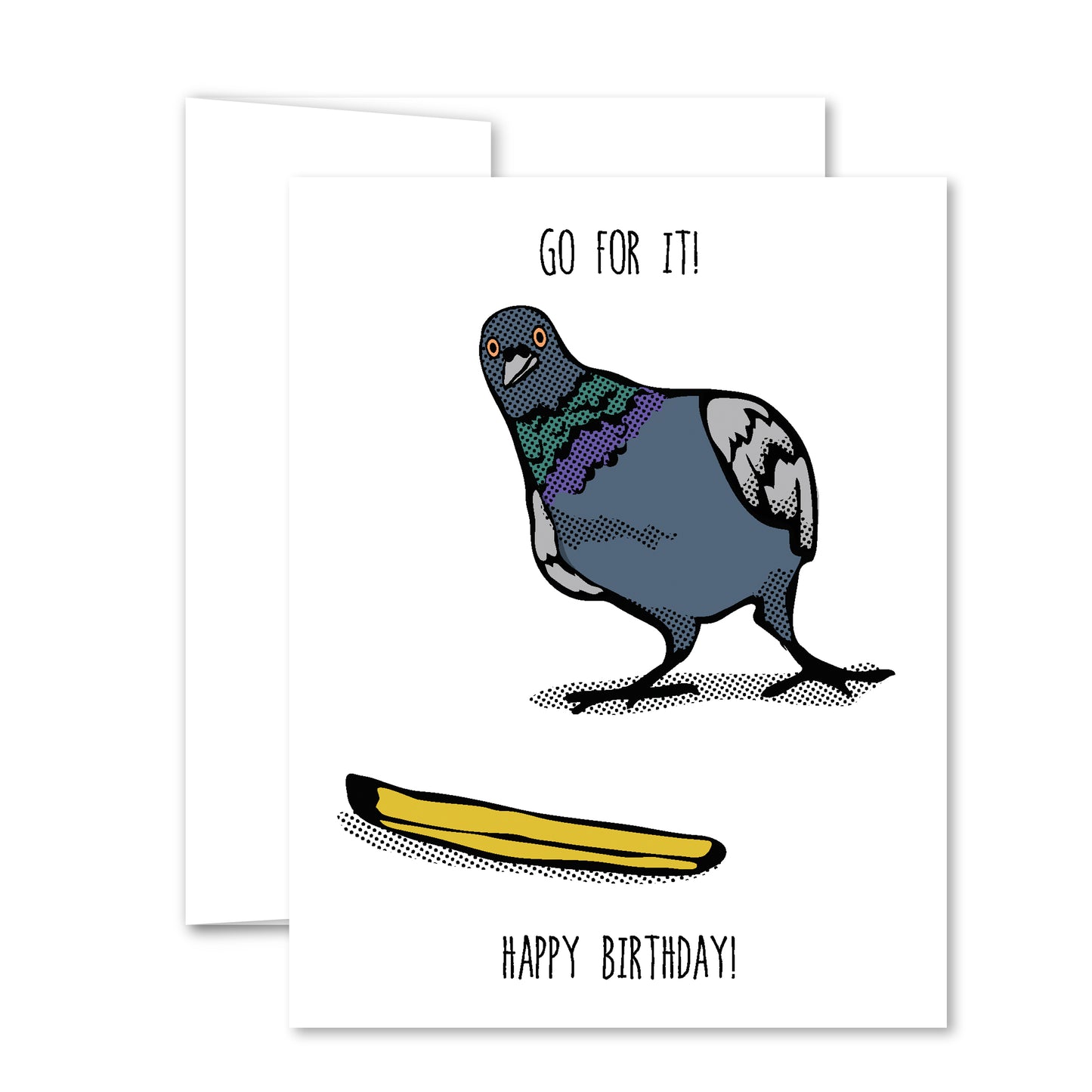 Illustrated pigeon looking at a french fry with “Go for it” and “Happy Birthday” text in playful pop-art style.