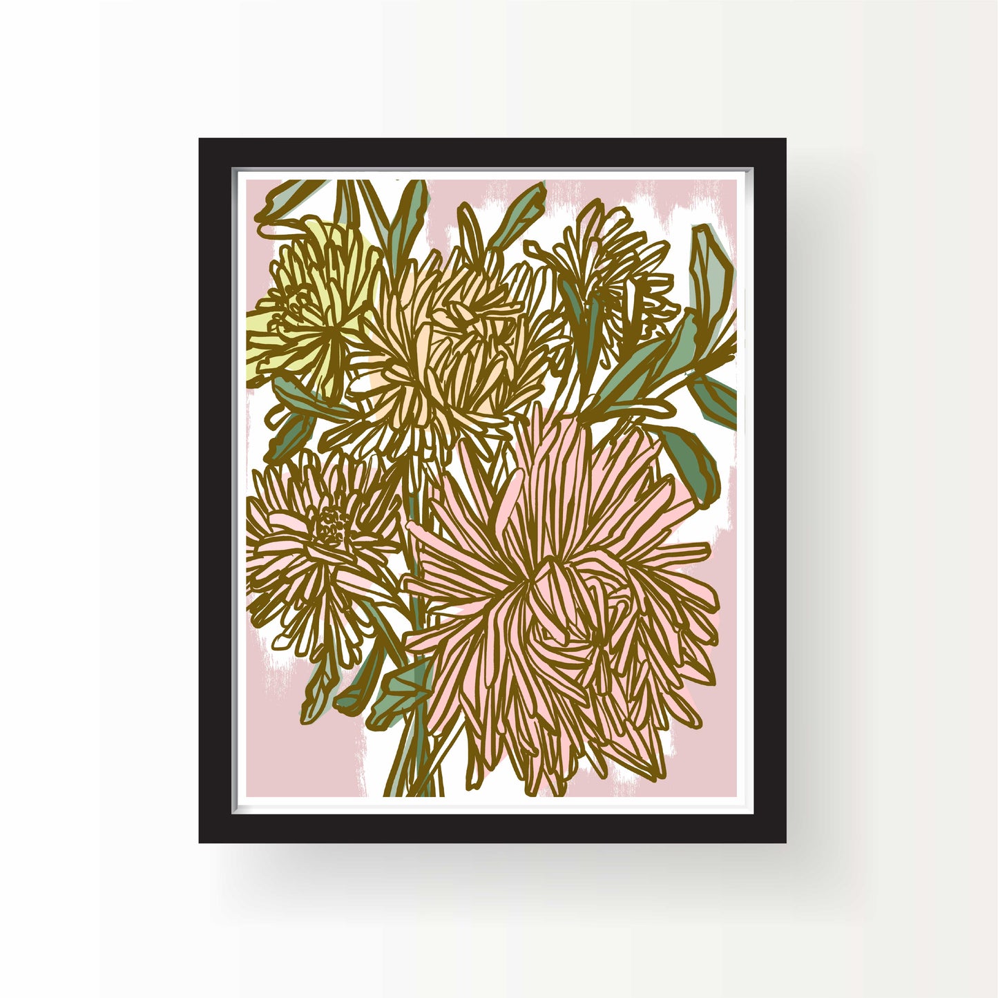 Illustrated bouquet of chrysanthemum flowers in dusty pink, gold, and olive tones on a soft pink background, 8x10 art print by Miss Johnny Squirrel