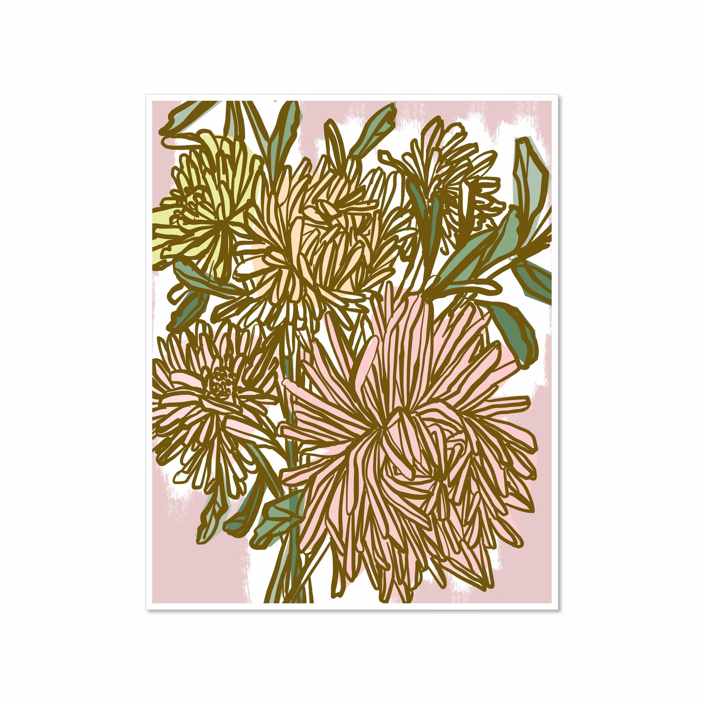 Illustrated bouquet of chrysanthemum flowers in dusty pink, gold, and olive tones on a soft pink background, 8x10 art print by Miss Johnny Squirrel