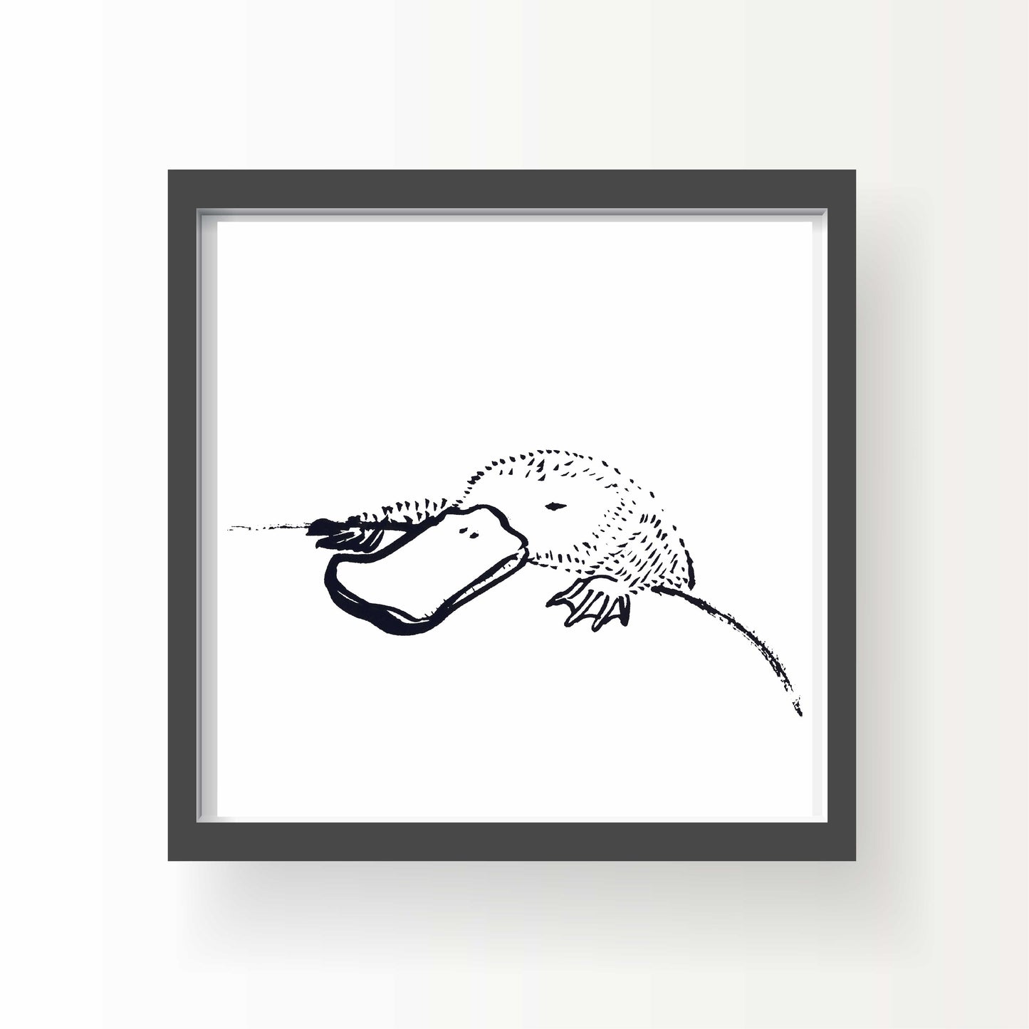 Black ink illustration of a platypus resting on a curve of riverbank, eyes closed, drawn with soft, minimal linework on a white background.