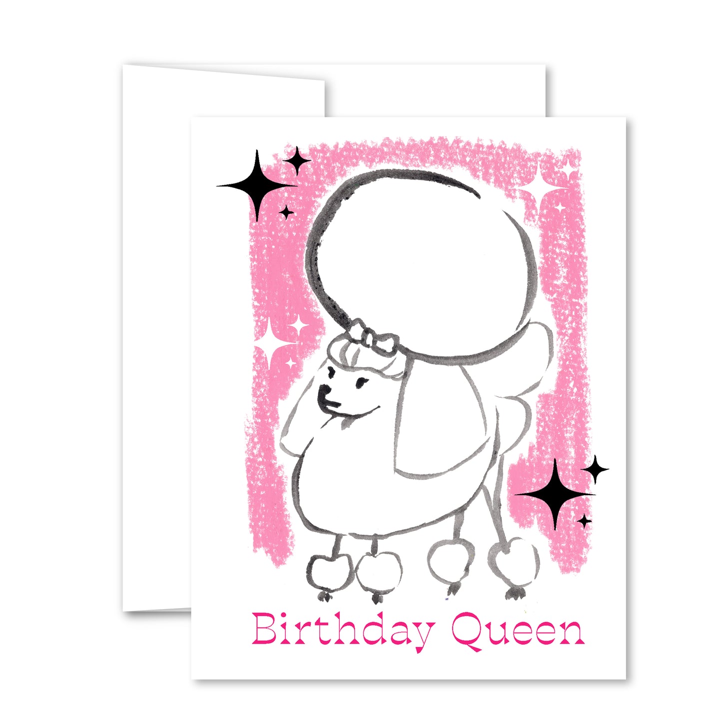 Illustrated poodle with bow, pink glitter-like frame and stars, “Birthday Queen” birthday greeting card
