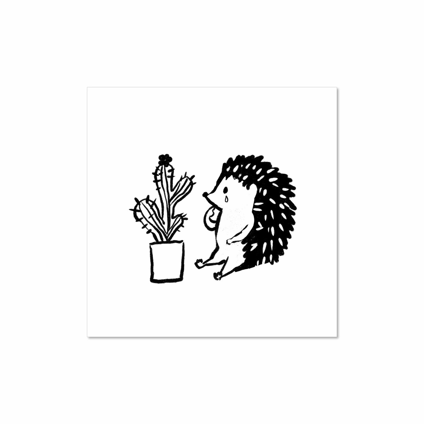 Black and white illustration of a hedgehog sitting in front of a potted cactus, looking emotional, with simple linework and expressive posture.