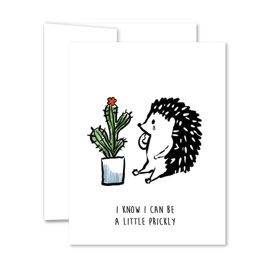 Hedgehog apology greeting card with illustrated hedgehog and cactus, humorous and heartfelt design.