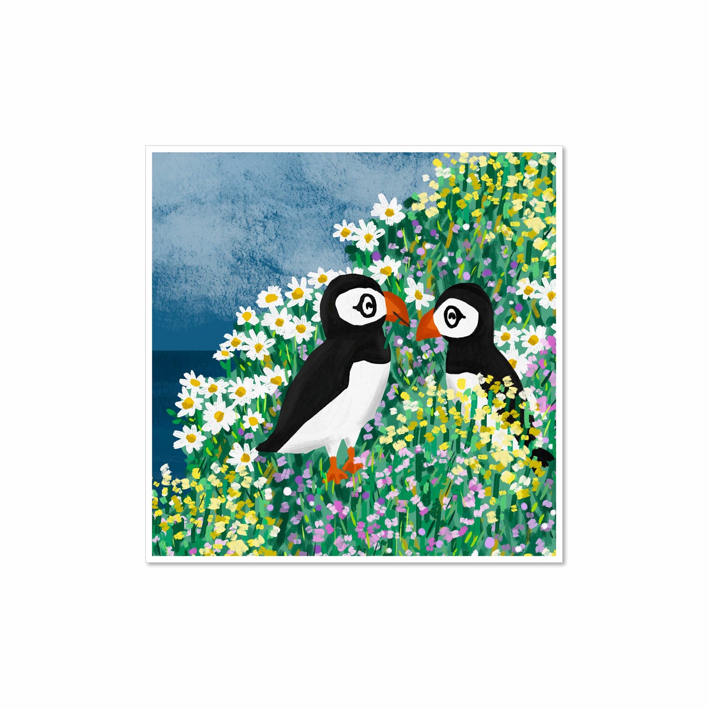 Illustration of two puffins standing in a colorful field of wildflowers with a blue sky and ocean backdrop, 8x8 art print by Miss Johnny Squirrel