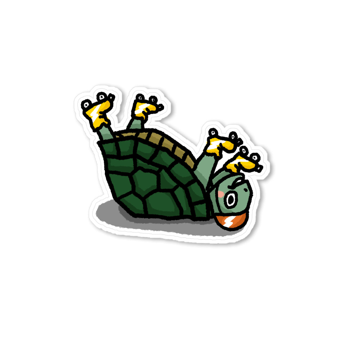 Hand-drawn upside-down turtle sticker with green shell, four raised legs, and a surprised expression in a playful animal illustration.