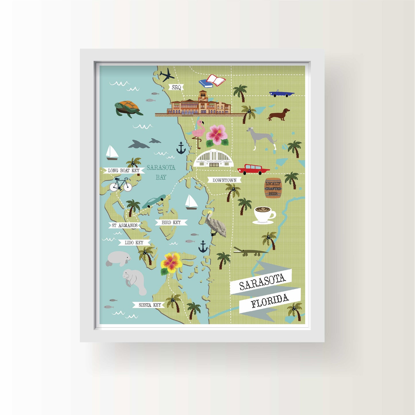 Illustrated map of Sarasota, Florida showing local landmarks, keys, animals like manatees and pelicans, and icons for coffee, craft beer, and coastal scenery.