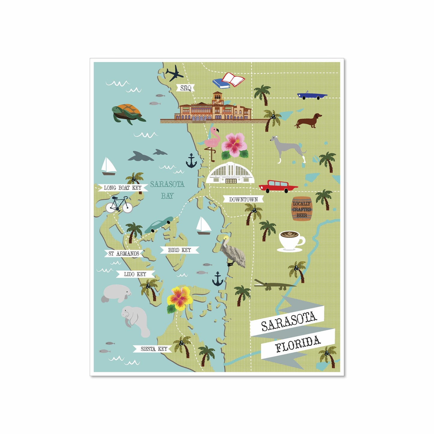 Illustrated map of Sarasota, Florida showing local landmarks, keys, animals like manatees and pelicans, and icons for coffee, craft beer, and coastal scenery.
