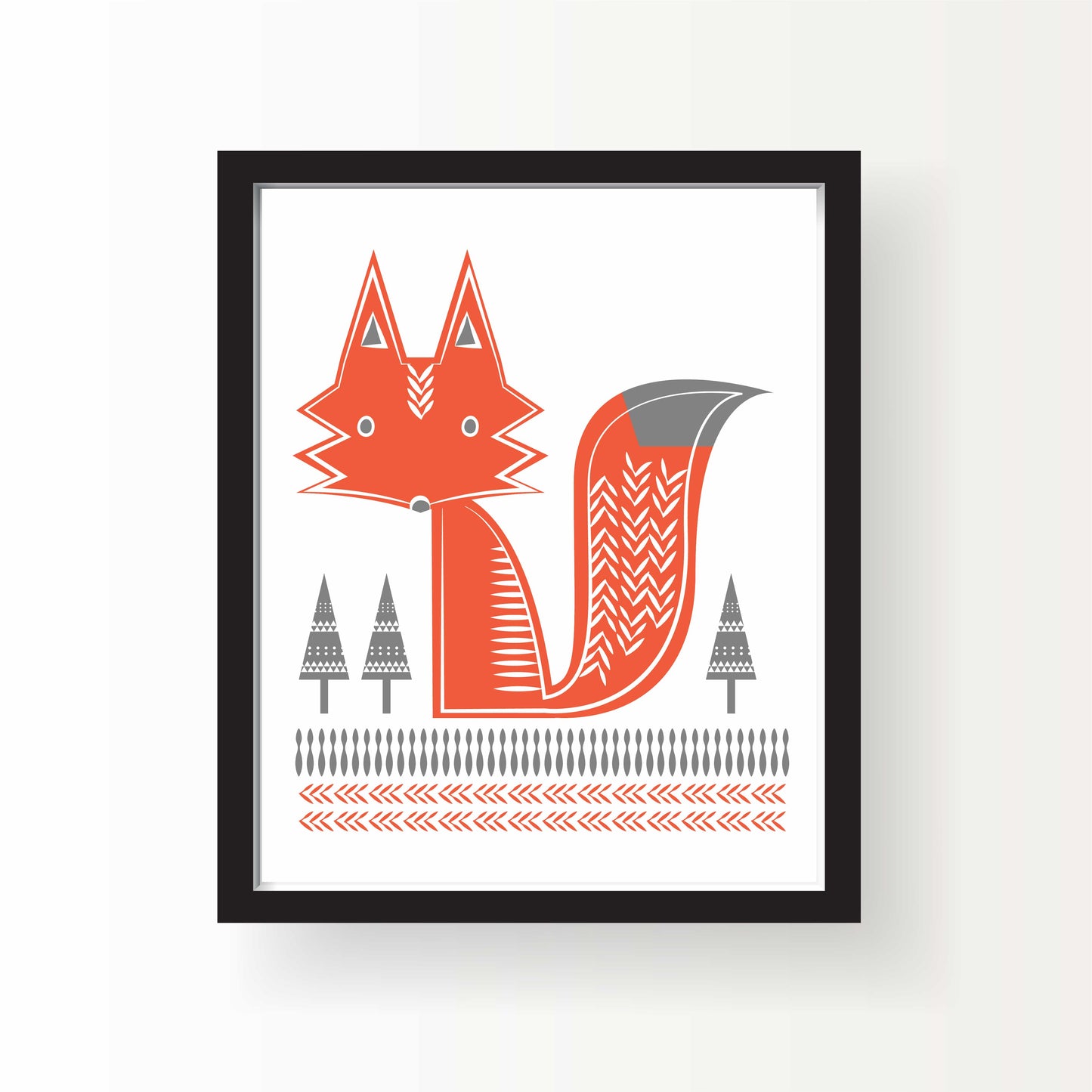 Minimal geometric illustration of a red and gray fox in Scandinavian style with tree and pattern details, 8x10 art print by Miss Johnny Squirrel