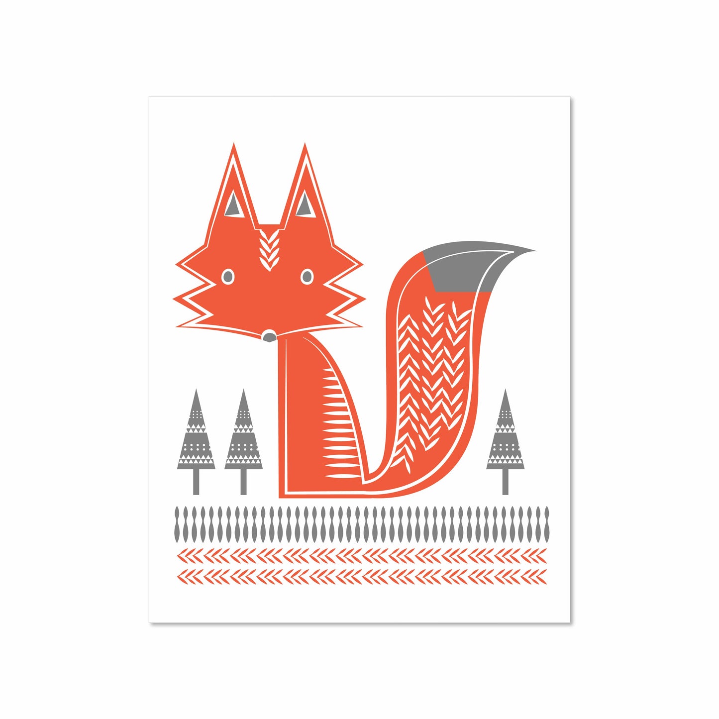 Minimal geometric illustration of a red and gray fox in Scandinavian style with tree and pattern details, 8x10 art print by Miss Johnny Squirrel