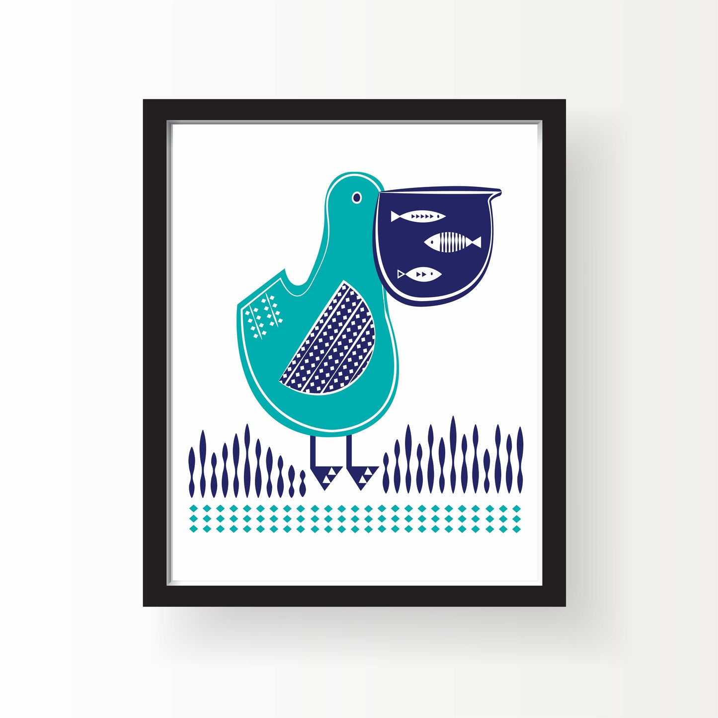 Graphic illustration of a stylized blue and teal pelican holding three fish in its pouch, with geometric patterns and Scandinavian-inspired design on a white background.