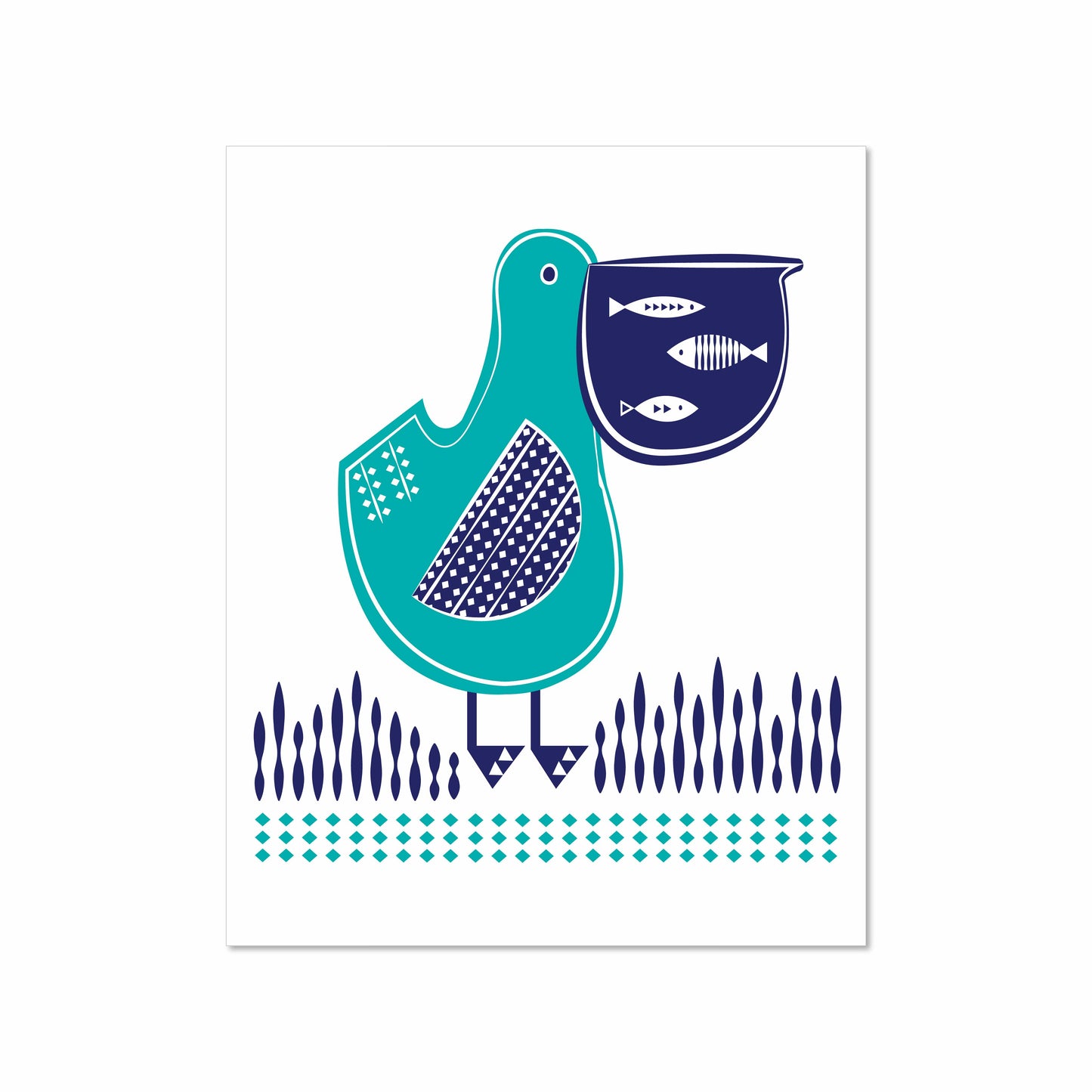 Graphic illustration of a stylized blue and teal pelican holding three fish in its pouch, with geometric patterns and Scandinavian-inspired design on a white background.