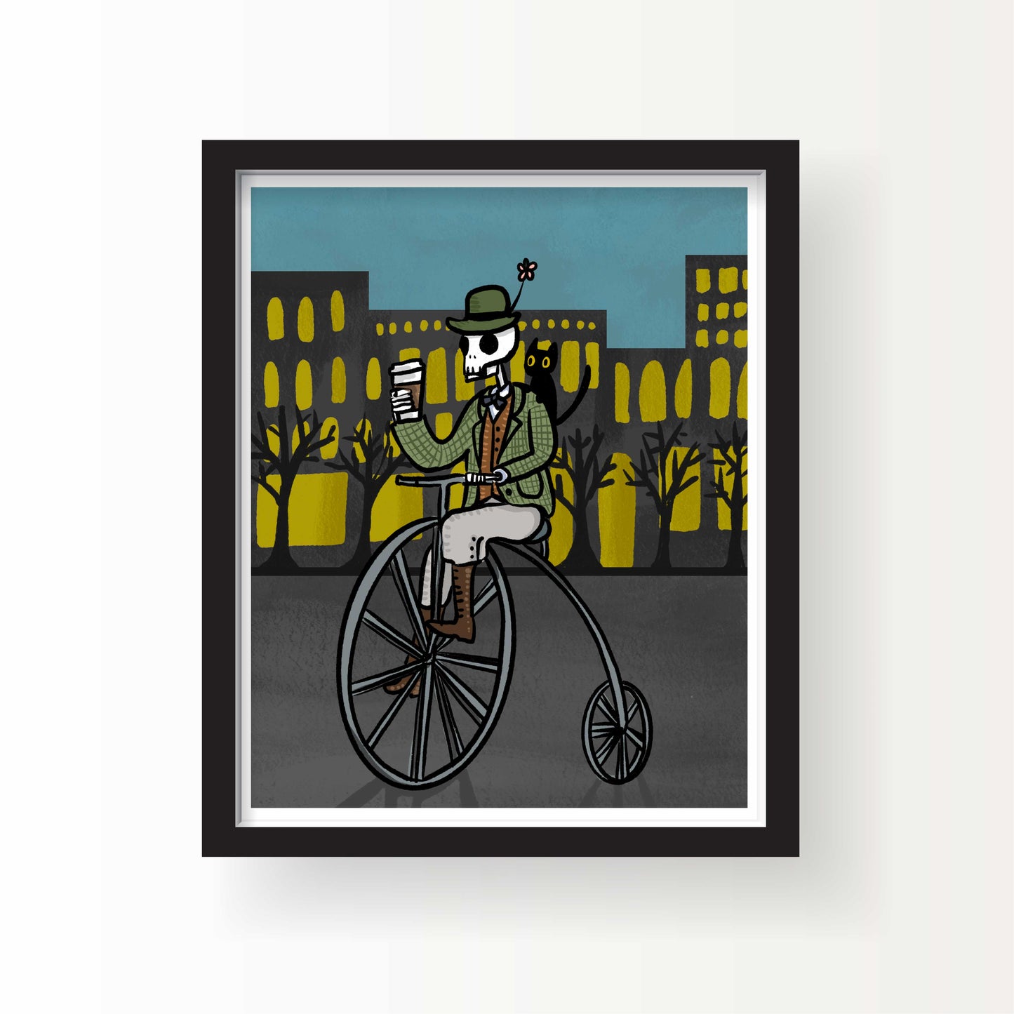 Illustrated skeleton in a suit riding a penny-farthing bicycle with a takeaway coffee and black cat on shoulder, cityscape background, 8x10 art print by Miss Johnny Squirrel