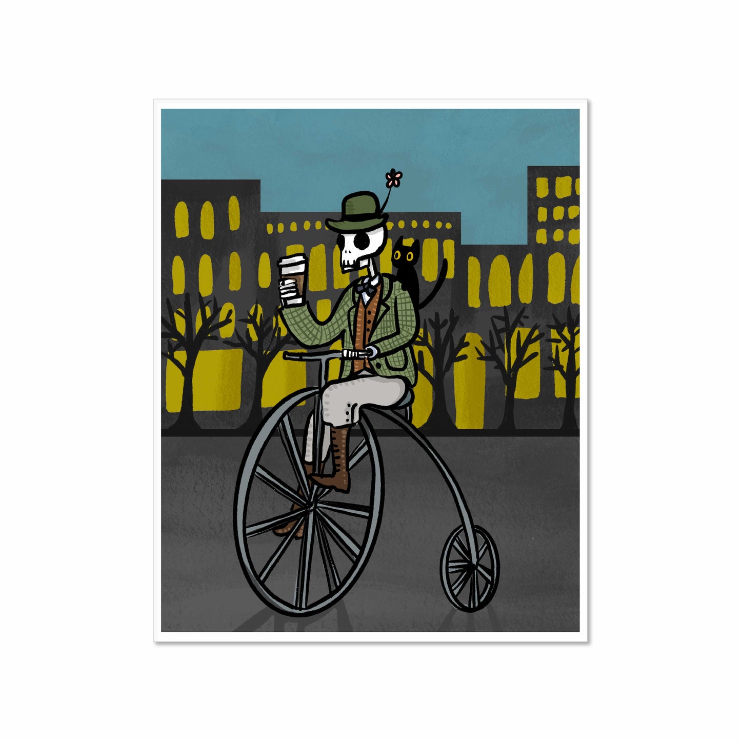 Illustrated skeleton in a suit riding a penny-farthing bicycle with a takeaway coffee and black cat on shoulder, cityscape background, 8x10 art print by Miss Johnny Squirrel