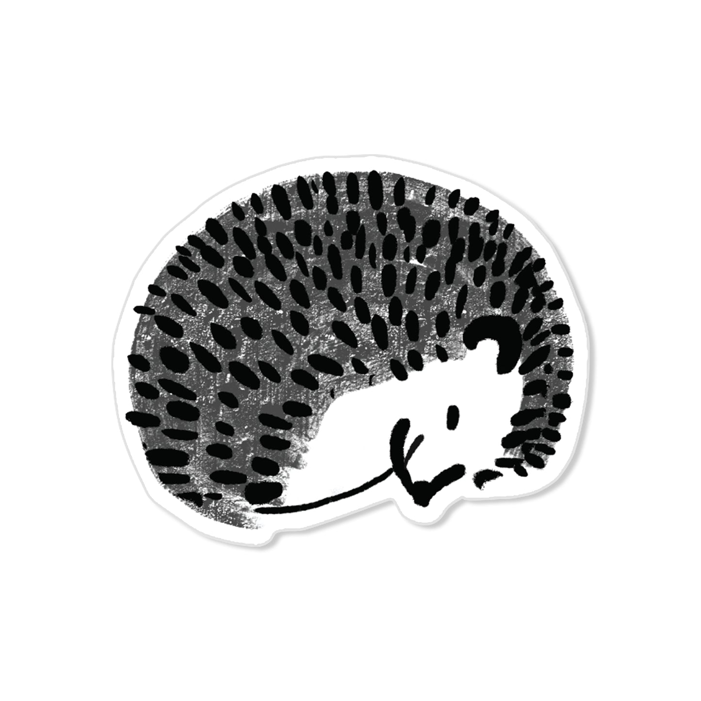 Hedgehog sticker curled in ball with bold black quills, hand-drawn woodland illustration