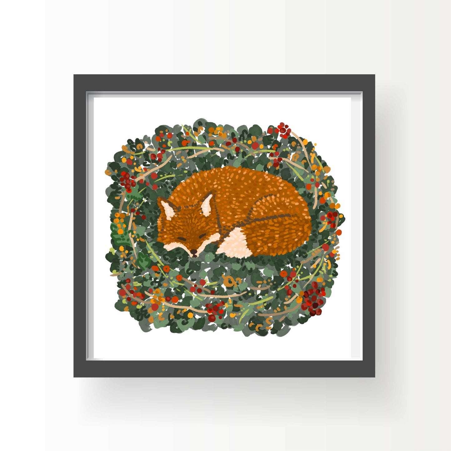 Illustrated art print of a sleeping red fox curled up in a bed of colorful berry brambles and green leaves, professionally printed on 8x8 paper.