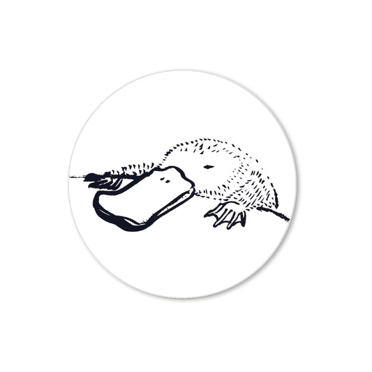 Sticker of a hand-drawn platypus resting its bill on a surface, illustrated in black line art.