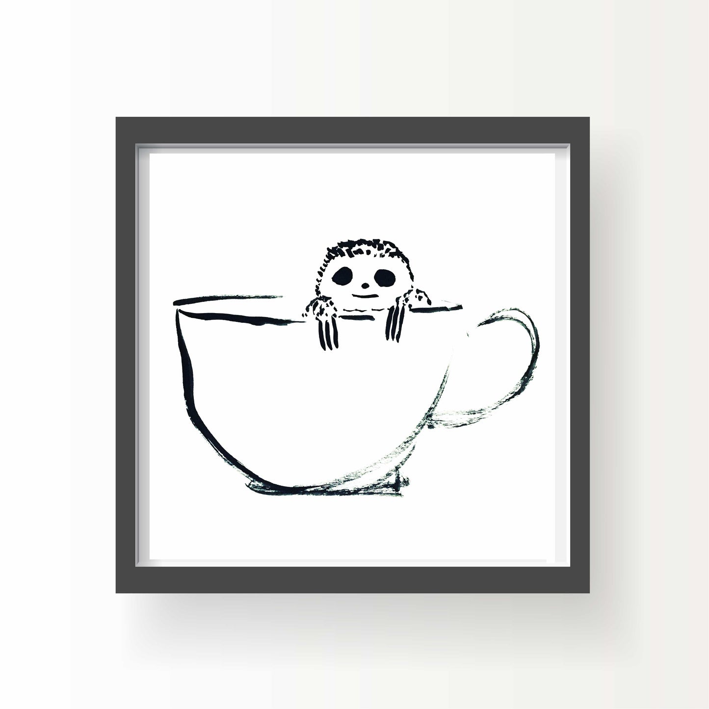 Black ink illustration of a sleepy sloth resting its paws on the edge of a large coffee cup, drawn in loose brush strokes on a white background.
