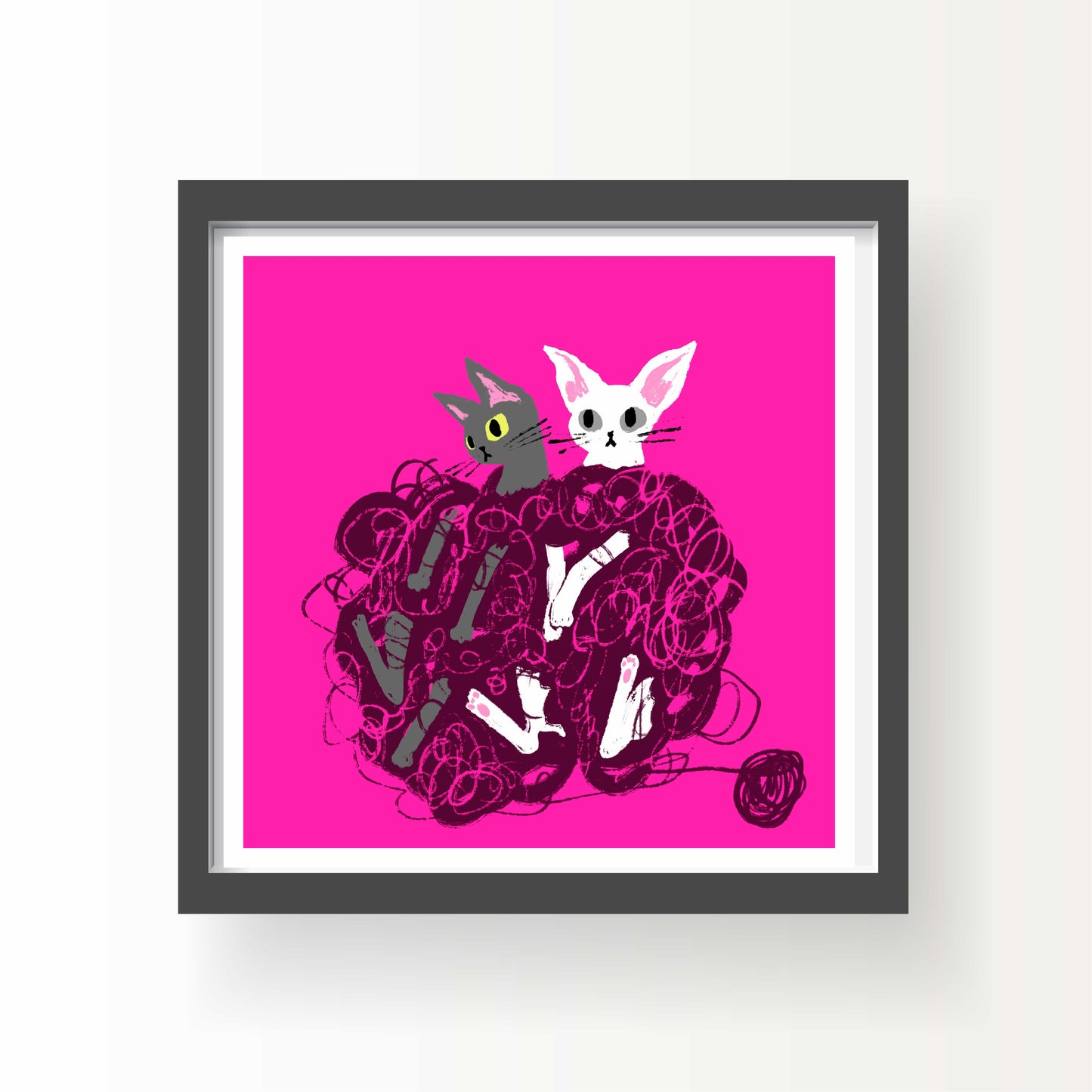 Two cartoon sphynx cats tangled in purple yarn against a bright pink background, illustrated 8x8 art print by Miss Johnny Squirrel
