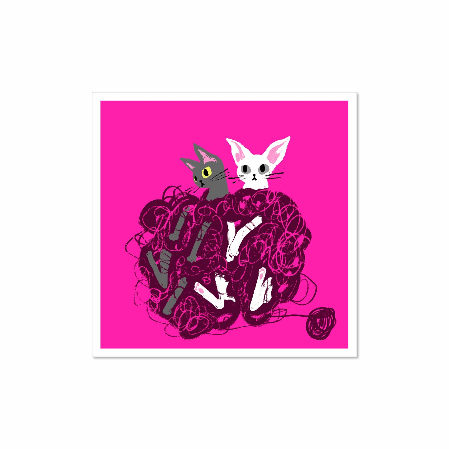Two cartoon sphynx cats tangled in yarn against a bright pink background, illustrated 8x8 art print by Miss Johnny Squirrel