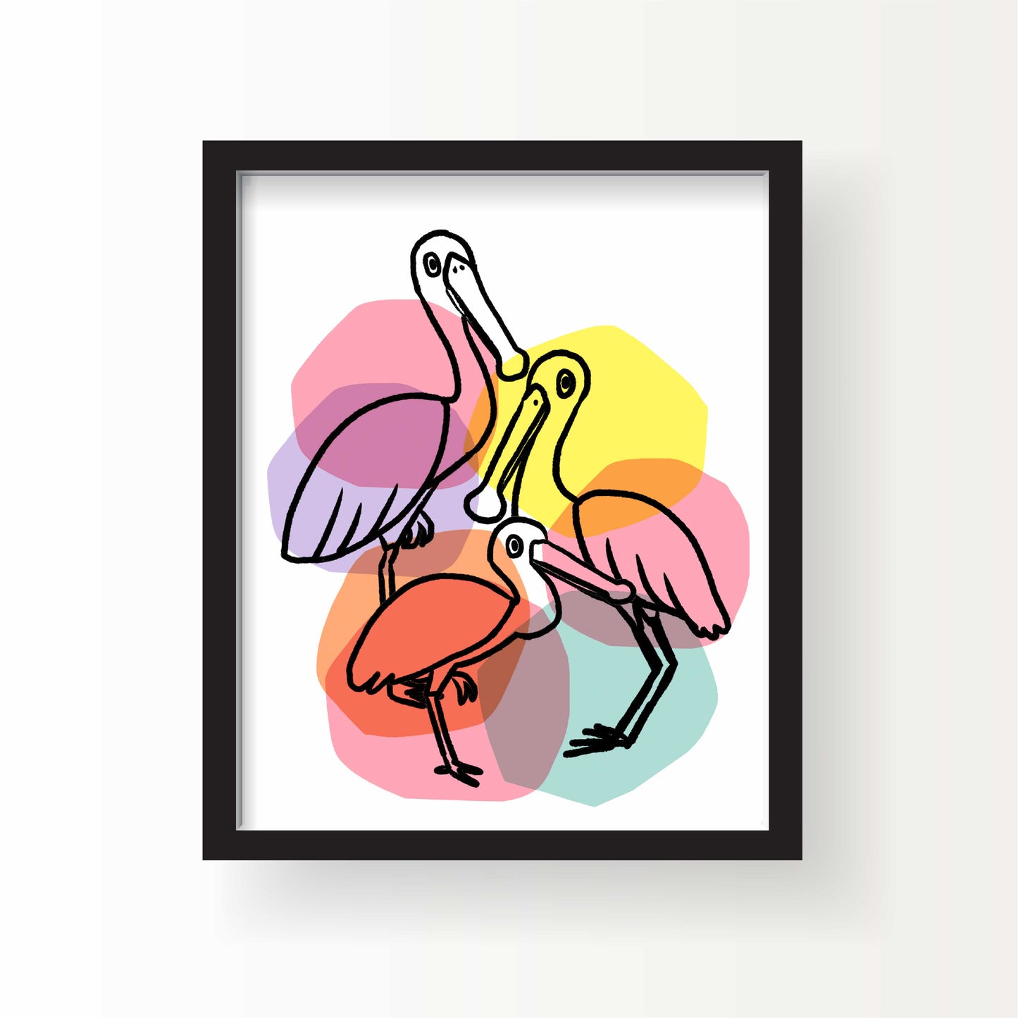 Illustration of three spoonbill birds outlined in black over overlapping abstract pastel circles in pink, orange, yellow, and purple on a white background.