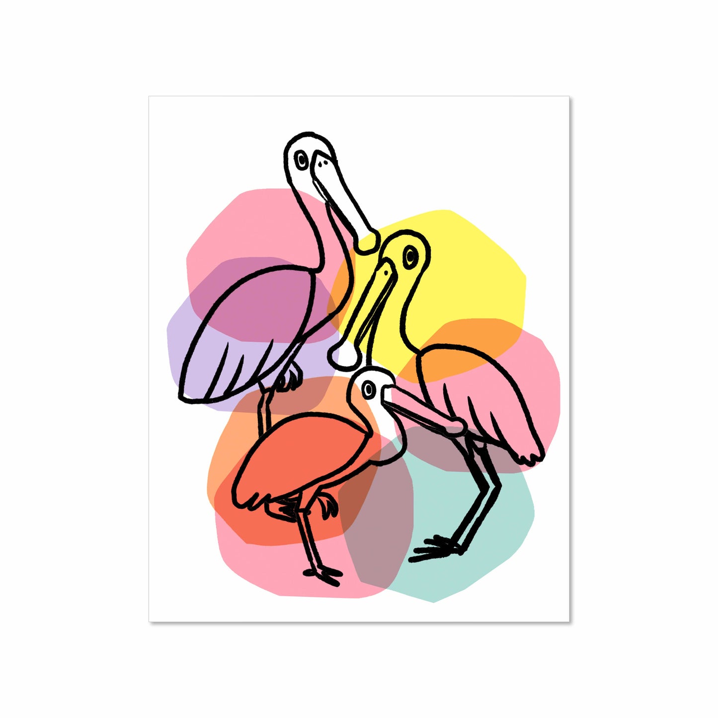 Illustration of three spoonbill birds outlined in black over overlapping abstract pastel circles in pink, orange, yellow, and purple on a white background.