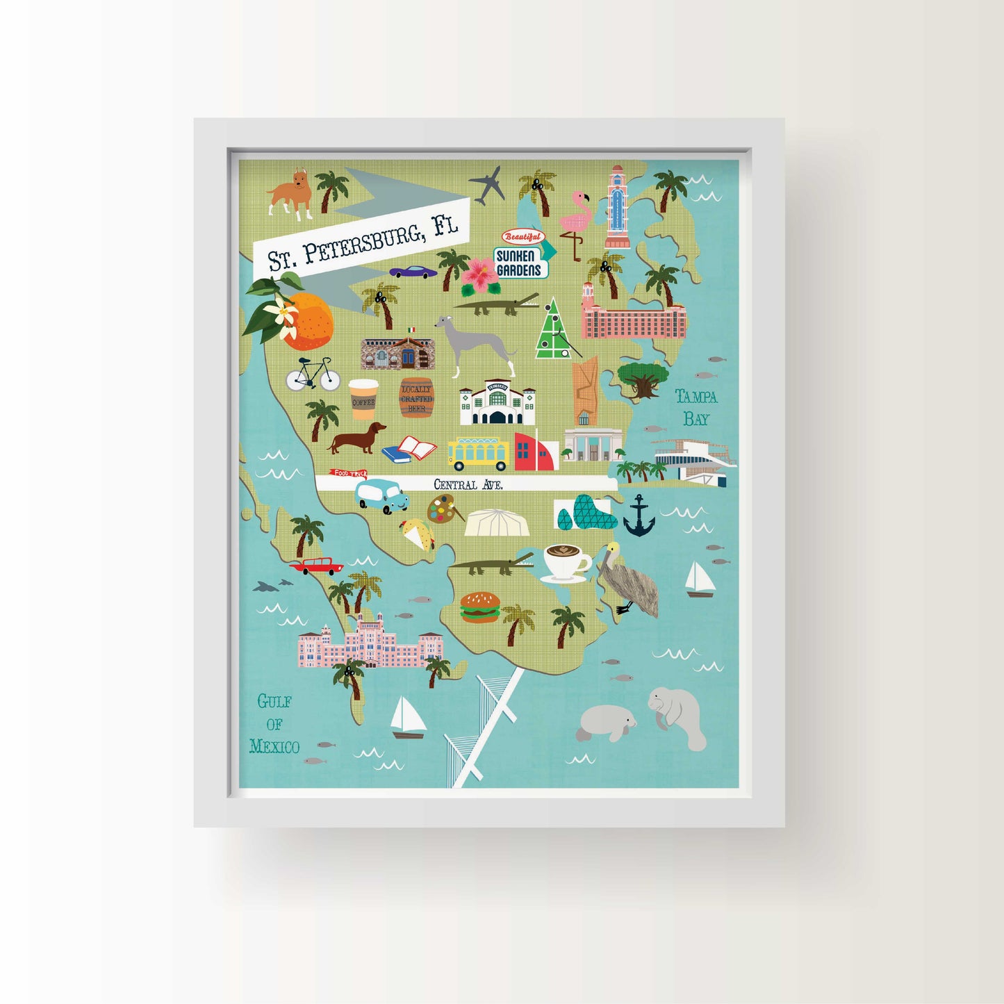 Illustrated map of St. Petersburg, Florida with local icons like the Don Cesar Hotel, pelicans, manatees, coffee, bikes, parks, and Gulf beaches in a whimsical style.