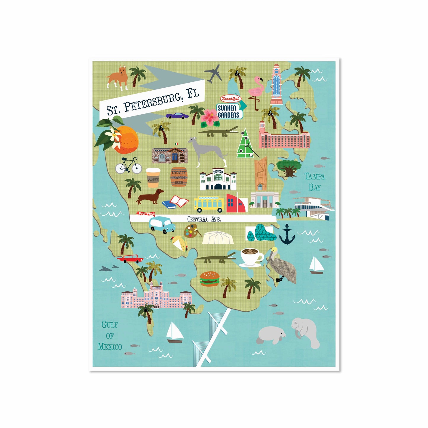 Illustrated map of St. Petersburg, Florida with local icons like the Don Cesar Hotel, pelicans, manatees, coffee, bikes, parks, and Gulf beaches in a whimsical style.