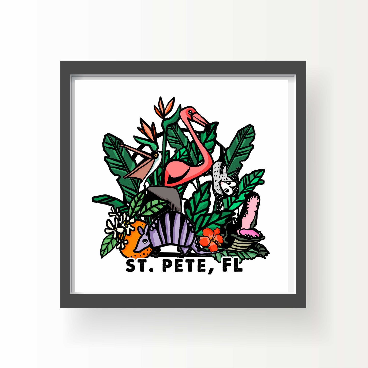Colorful illustration of Florida animals and plants including flamingo, pelican, gator, possum and armadillo, with text “St. Pete, FL,” 8x8 art print by Miss Johnny Squirrel