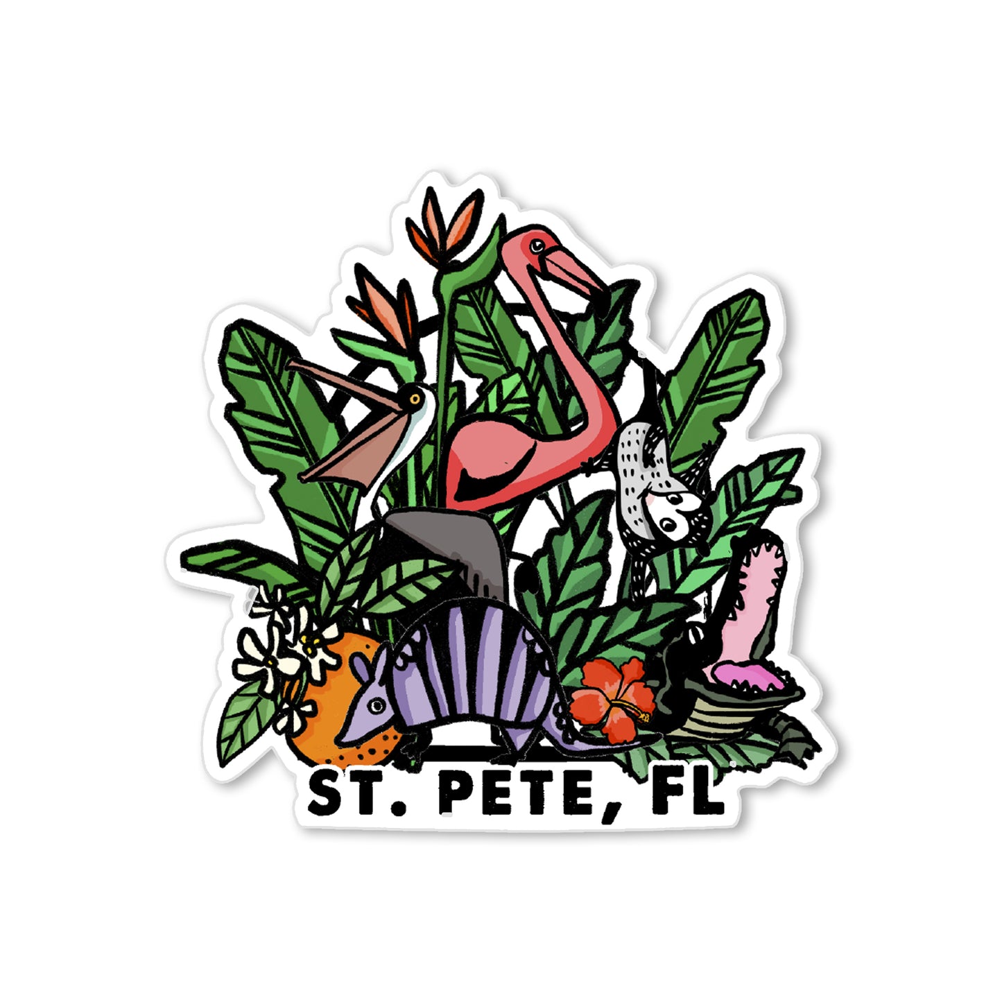 St. Pete FL sticker with flamingo, pelican, armadillo, gator, opossum, tropical plants and flowers, colorful illustration