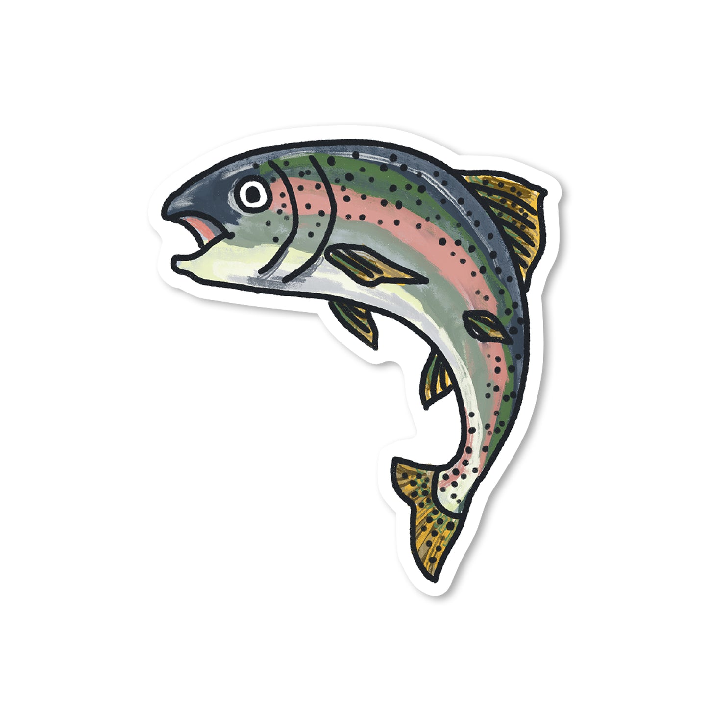 Trout sticker with rainbow colors and speckled fins, hand-drawn fish illustration