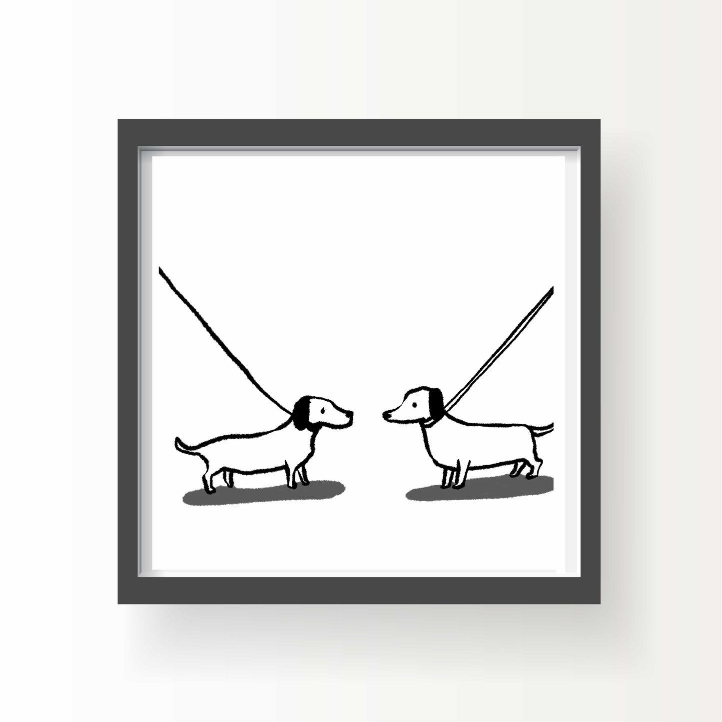 8x8 art print of two dachshunds on leashes facing each other, minimalist black-and-white dog illustration