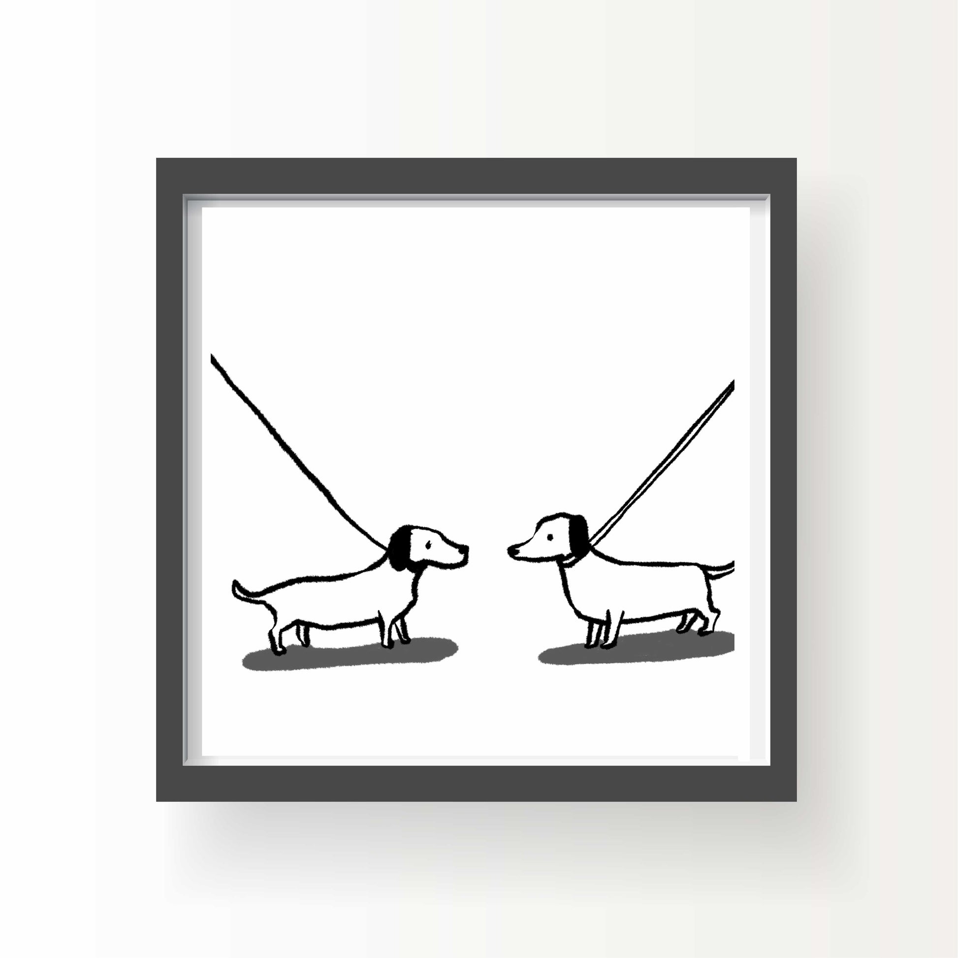 8x8 art print of two dachshunds on leashes facing each other, minimalist black-and-white dog illustration