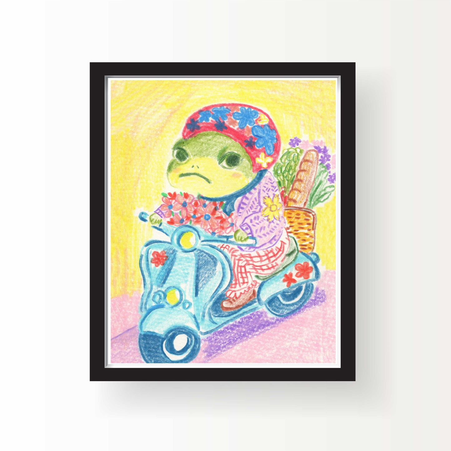 Whimsical colored-pencil illustration of a green frog wearing a red floral headscarf riding a blue scooter with flowers, bread, and vegetables in a basket against a sunny yellow and pink background.